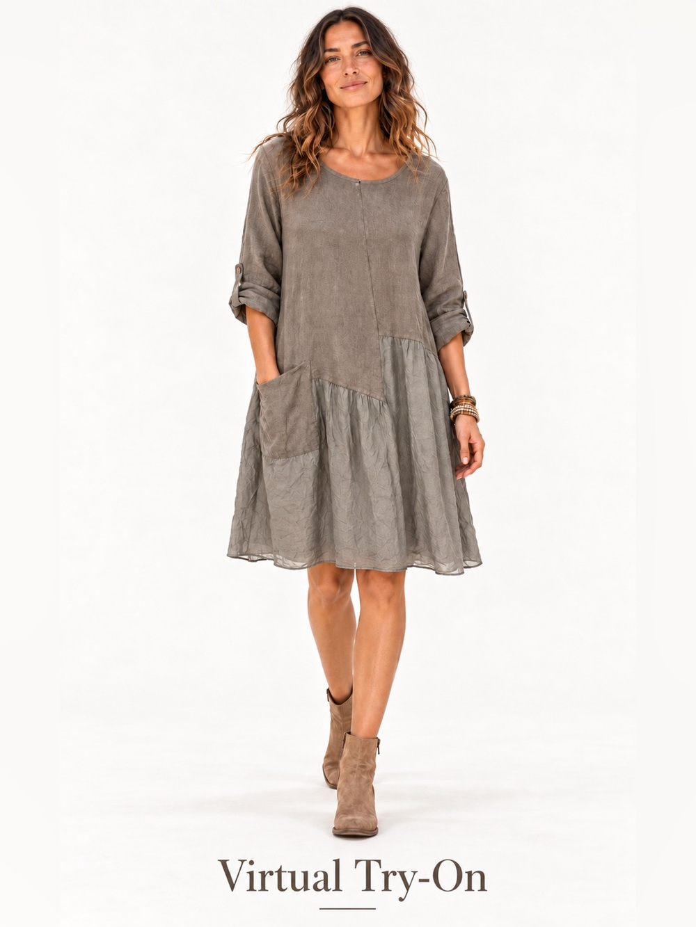Lea Rigoli Womens M Linen Silk Dress Taupe Knee уLength Boho Lagenlook Italy NWT